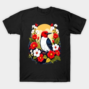 Cute Red Headed Woodpecker Surrounded by Vibrant Flowers T-Shirt